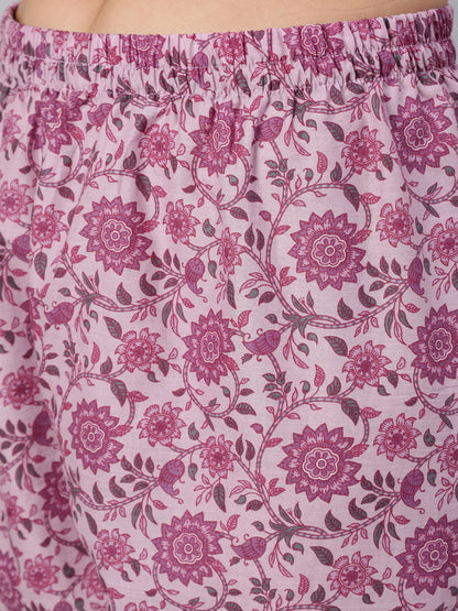 Women's Lavender Floral Printed Kurta With Palazzo And Dupatta