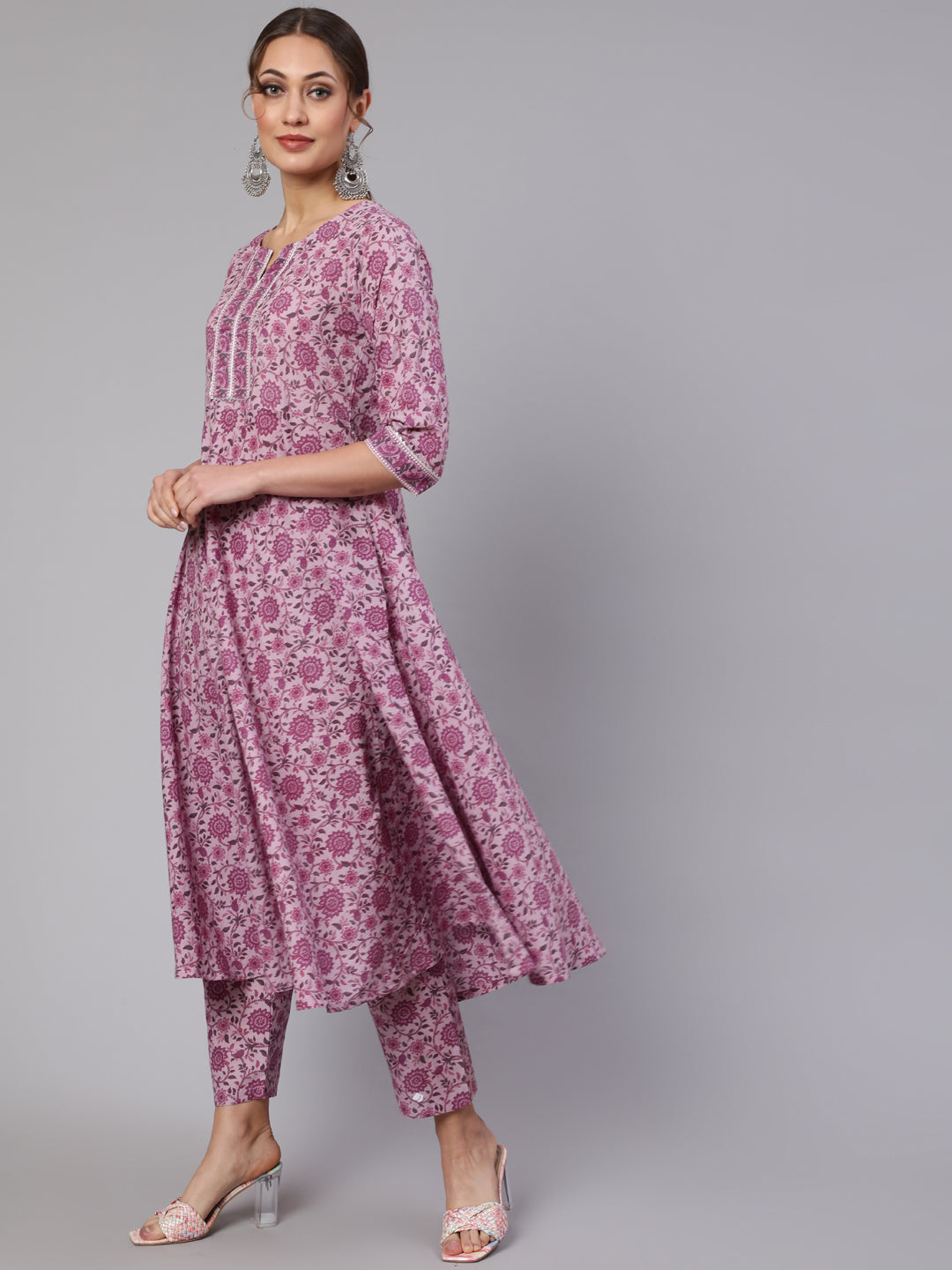 Women's Lavender Floral Printed Kurta With Palazzo And Dupatta