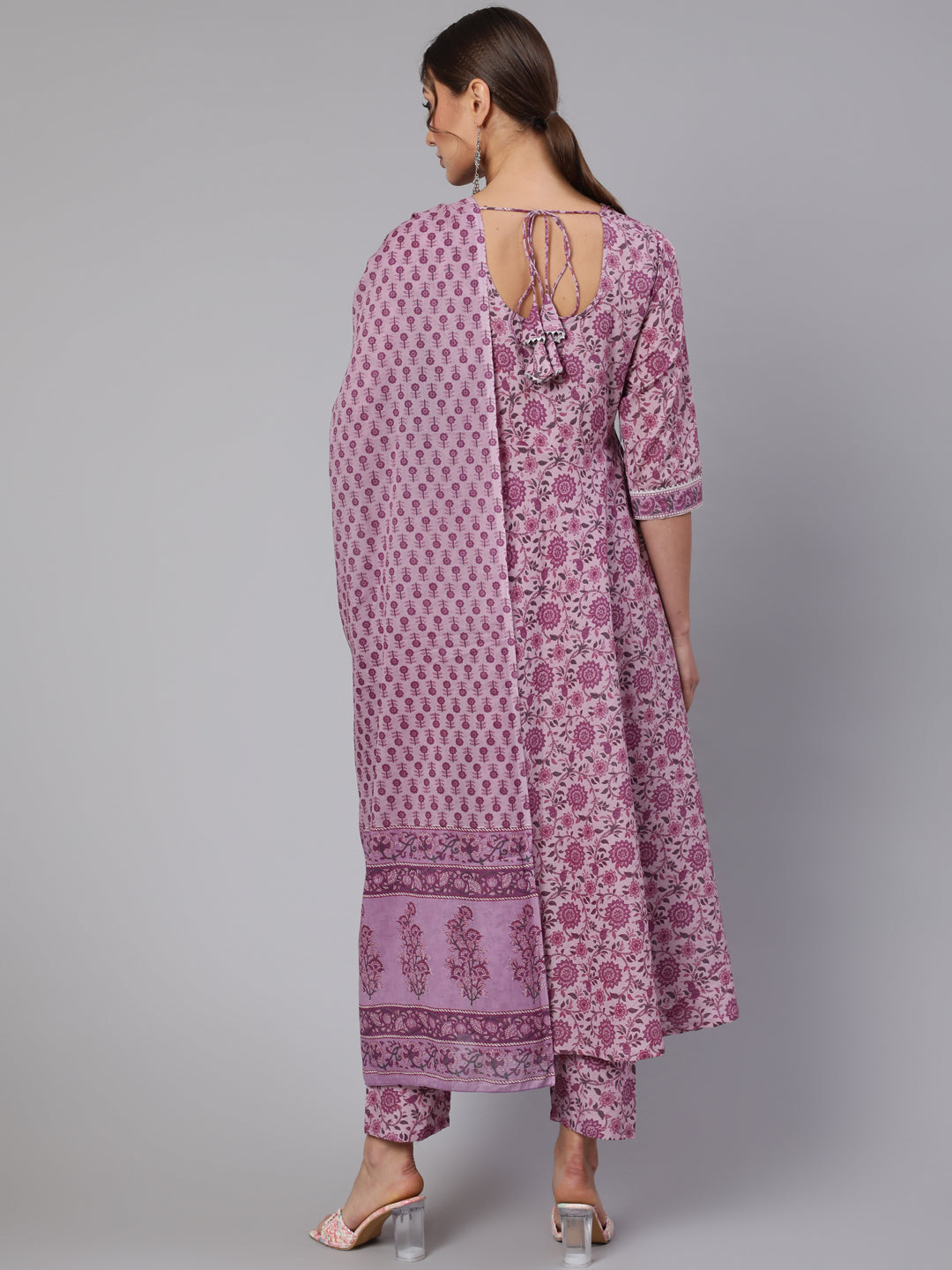 Women's Lavender Floral Printed Kurta With Palazzo And Dupatta