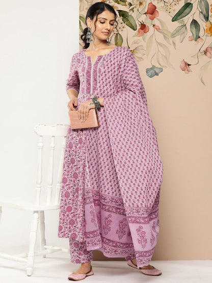 Women's Lavender Floral Printed Kurta With Palazzo And Dupatta