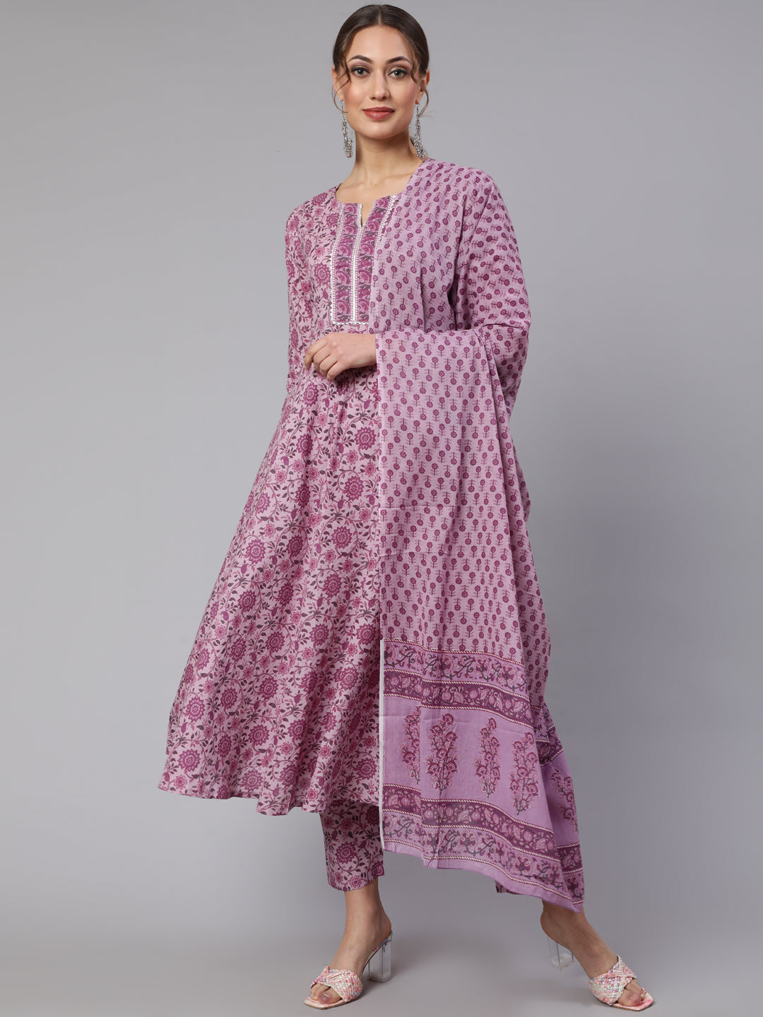 Women's Lavender Floral Printed Kurta With Palazzo And Dupatta
