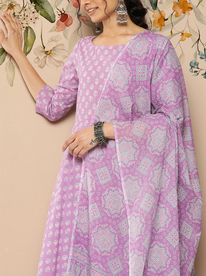 Women's Lavender Ethnic Printed Kurta With Trouser And Dupatta
