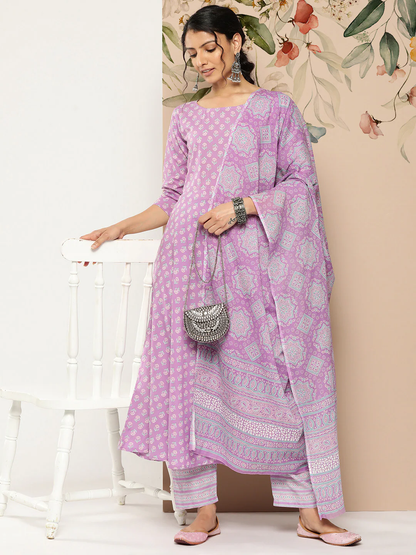 Women's Lavender Ethnic Printed Kurta With Trouser And Dupatta