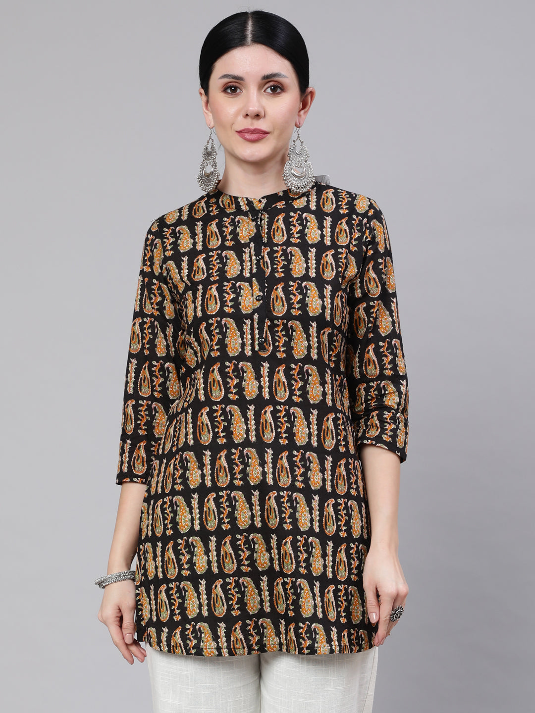 Women's Black Paisley Printed Straight Tunic With Three Quarter Sleeves