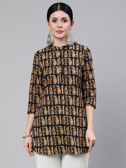 Women's Black Paisley Printed Straight Tunic With Three Quarter Sleeves