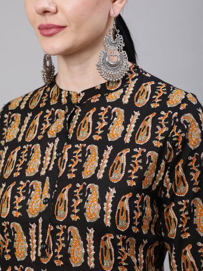 Women's Black Paisley Printed Straight Tunic With Three Quarter Sleeves