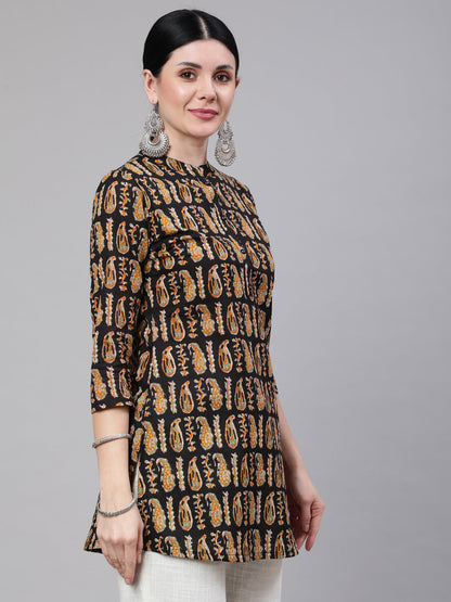 Women's Black Paisley Printed Straight Tunic With Three Quarter Sleeves