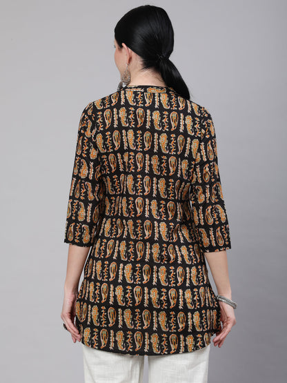 Women's Black Paisley Printed Straight Tunic With Three Quarter Sleeves