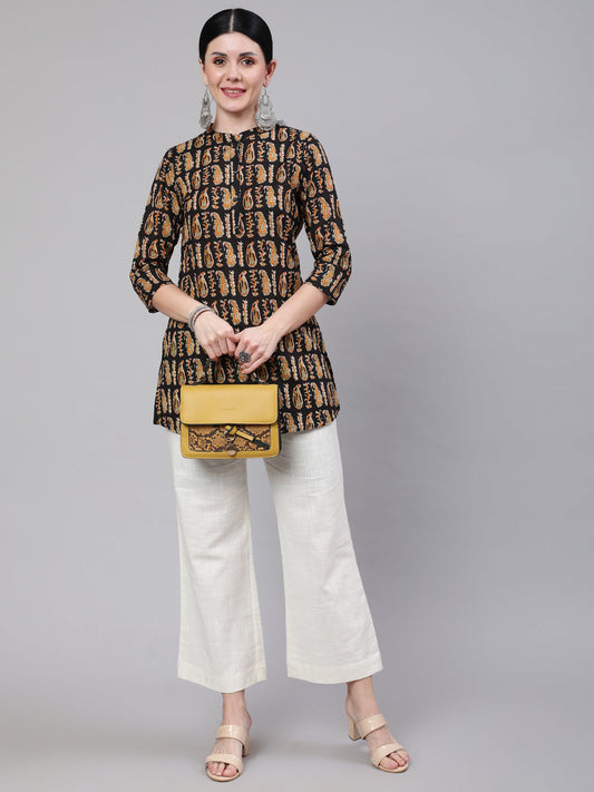 Women's Black Paisley Printed Straight Tunic With Three Quarter Sleeves