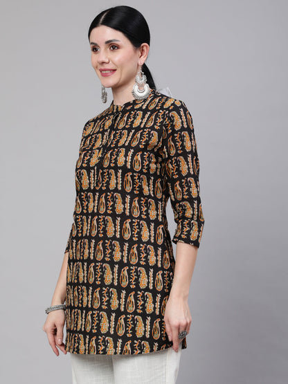 Women's Black Paisley Printed Straight Tunic With Three Quarter Sleeves