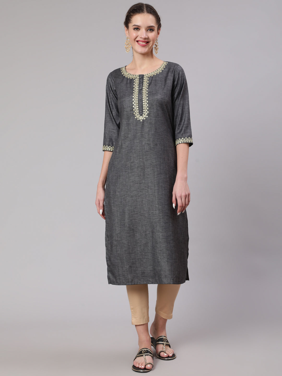 Women's Grey Embridered Straight Kurta With Three Quarter Sleeves