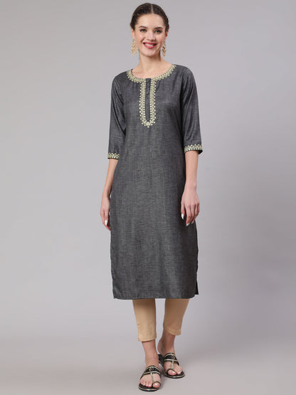 Women's Grey Embridered Straight Kurta With Three Quarter Sleeves