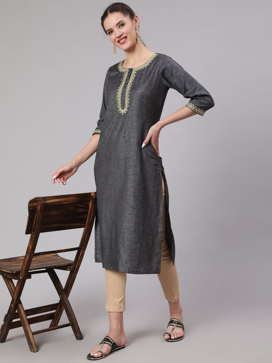 Women's Grey Embridered Straight Kurta With Three Quarter Sleeves