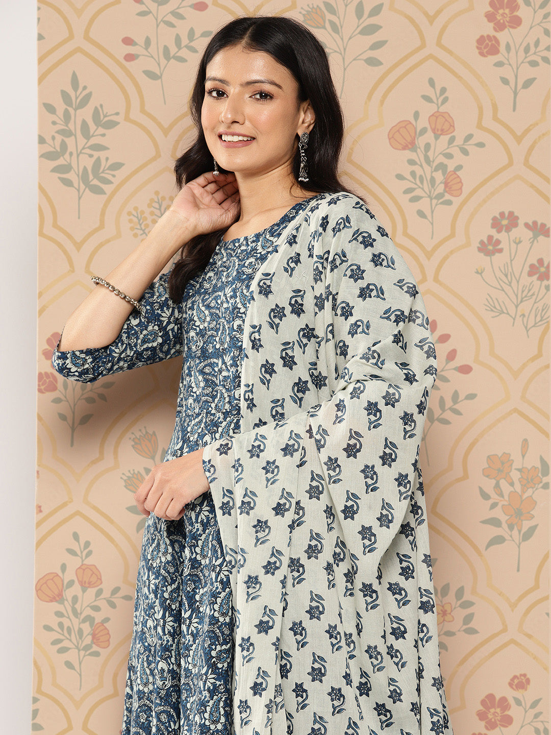 Women's Blue Ethnic Printed Anarkali Kurta With Trouser And Dupatta
