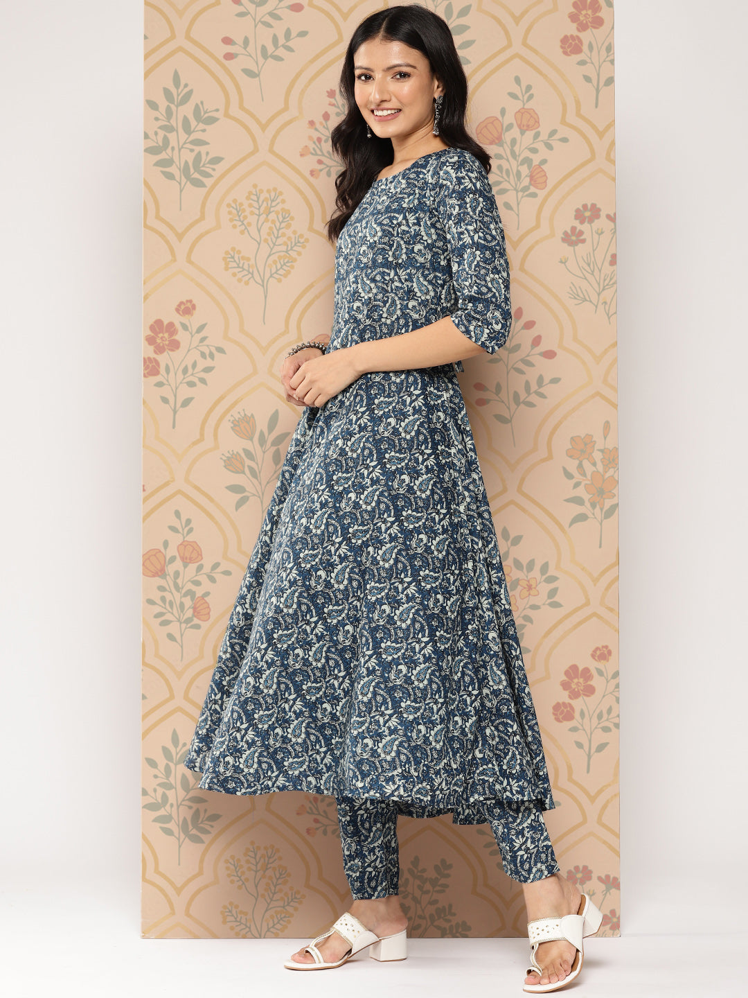 Women's Blue Ethnic Printed Anarkali Kurta With Trouser And Dupatta