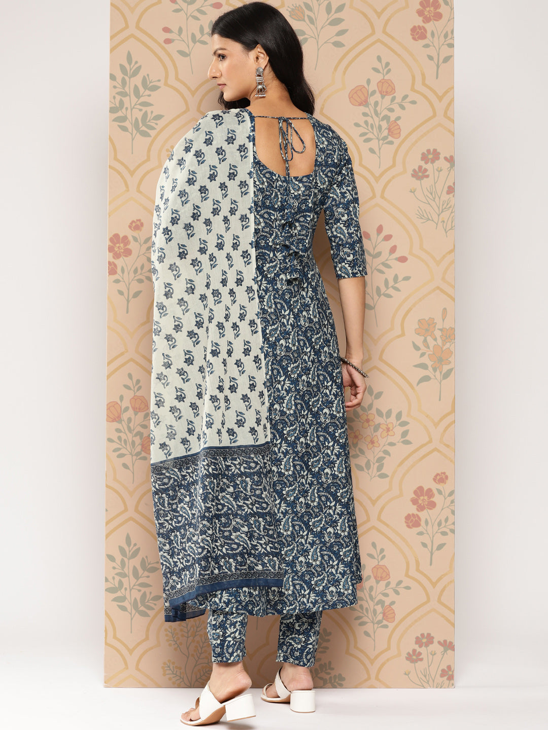 Women's Blue Ethnic Printed Anarkali Kurta With Trouser And Dupatta