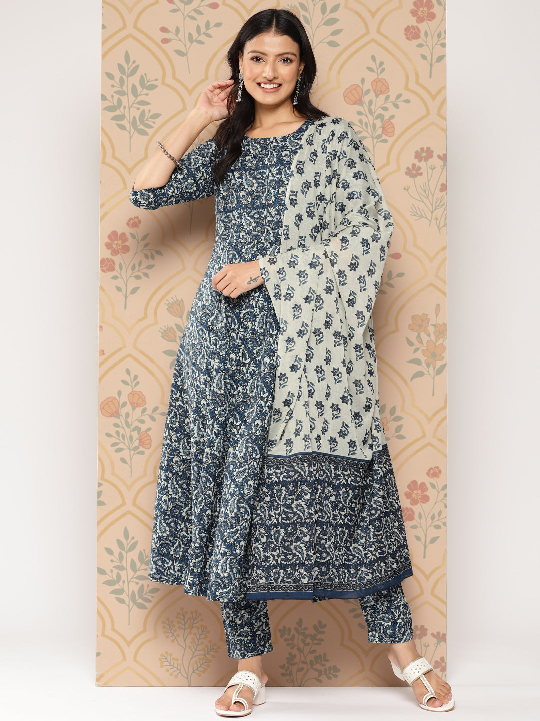 Women's Blue Ethnic Printed Anarkali Kurta With Trouser And Dupatta