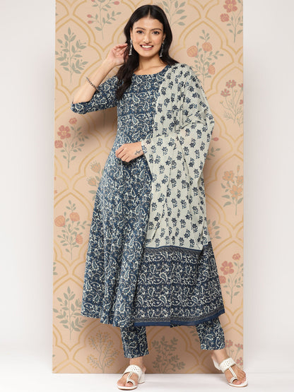 Women's Blue Ethnic Printed Anarkali Kurta With Trouser And Dupatta