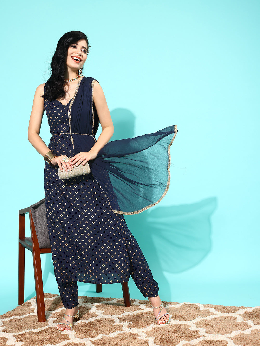 Women's Navy Blue Ethnic Printed Sleeveless Kurta With Trouser And Dupatta