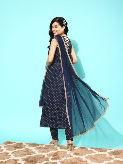 Women's Navy Blue Ethnic Printed Sleeveless Kurta With Trouser And Dupatta