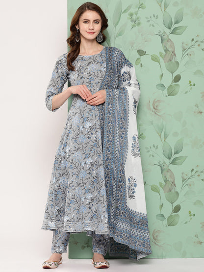 Women's Grey Floral Printed Flared Kurta And Trouser With Dupatta