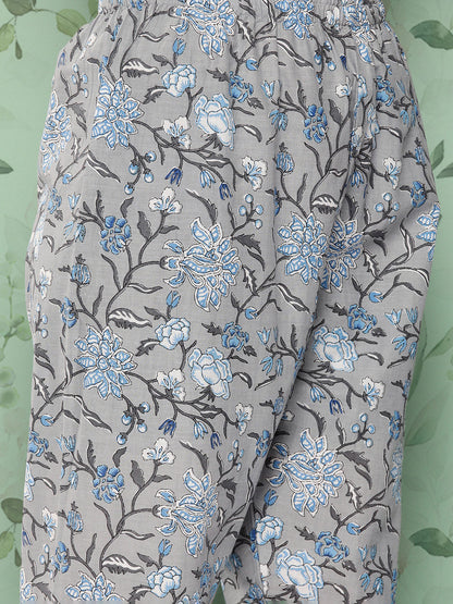 Women's Grey Floral Printed Flared Kurta And Trouser With Dupatta