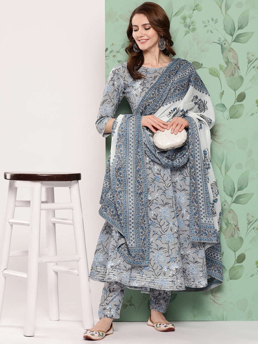 Women's Grey Floral Printed Flared Kurta And Trouser With Dupatta