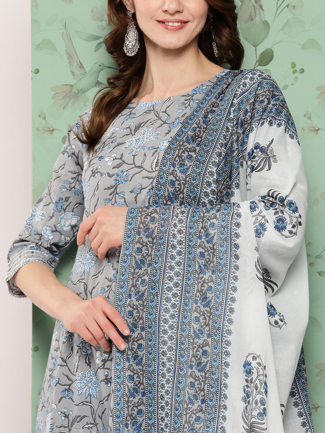 Women's Grey Floral Printed Flared Kurta And Trouser With Dupatta