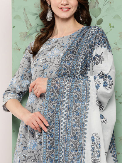 Women's Grey Floral Printed Flared Kurta And Trouser With Dupatta