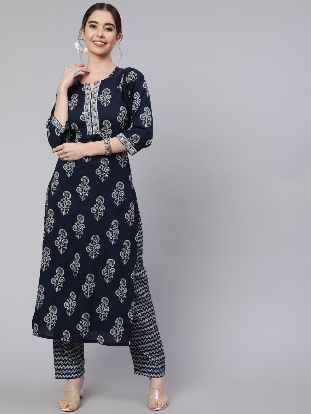 Women's Navy Blue Ethnic Printed Straight Kurta With Trouser