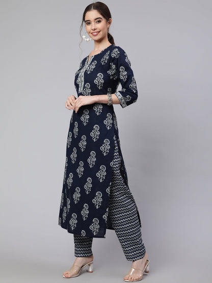 Women's Navy Blue Ethnic Printed Straight Kurta With Trouser