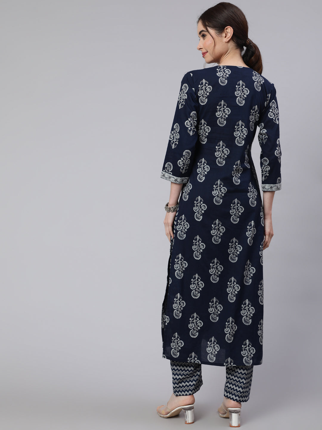 Women's Navy Blue Ethnic Printed Straight Kurta With Trouser