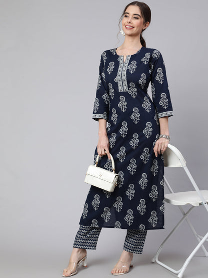 Women's Navy Blue Ethnic Printed Straight Kurta With Trouser