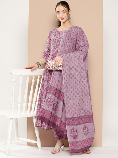 Women's Lavender Floral Printed Kurta With Trouser And Dupatta