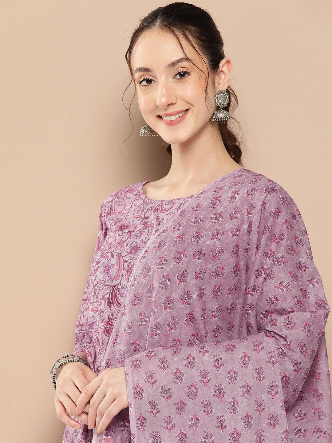 Women's Lavender Floral Printed Kurta With Trouser And Dupatta