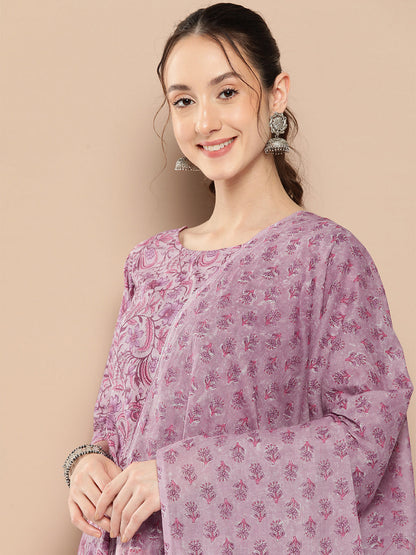 Women's Lavender Floral Printed Kurta With Trouser And Dupatta
