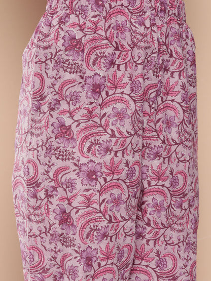 Women's Lavender Floral Printed Kurta With Trouser And Dupatta