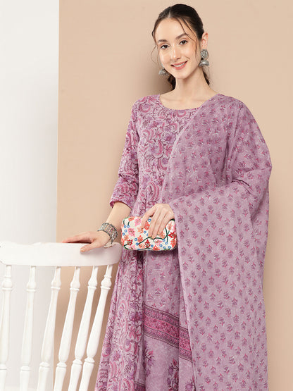 Women's Lavender Floral Printed Kurta With Trouser And Dupatta