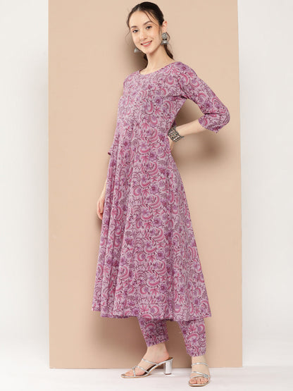 Women's Lavender Floral Printed Kurta With Trouser And Dupatta