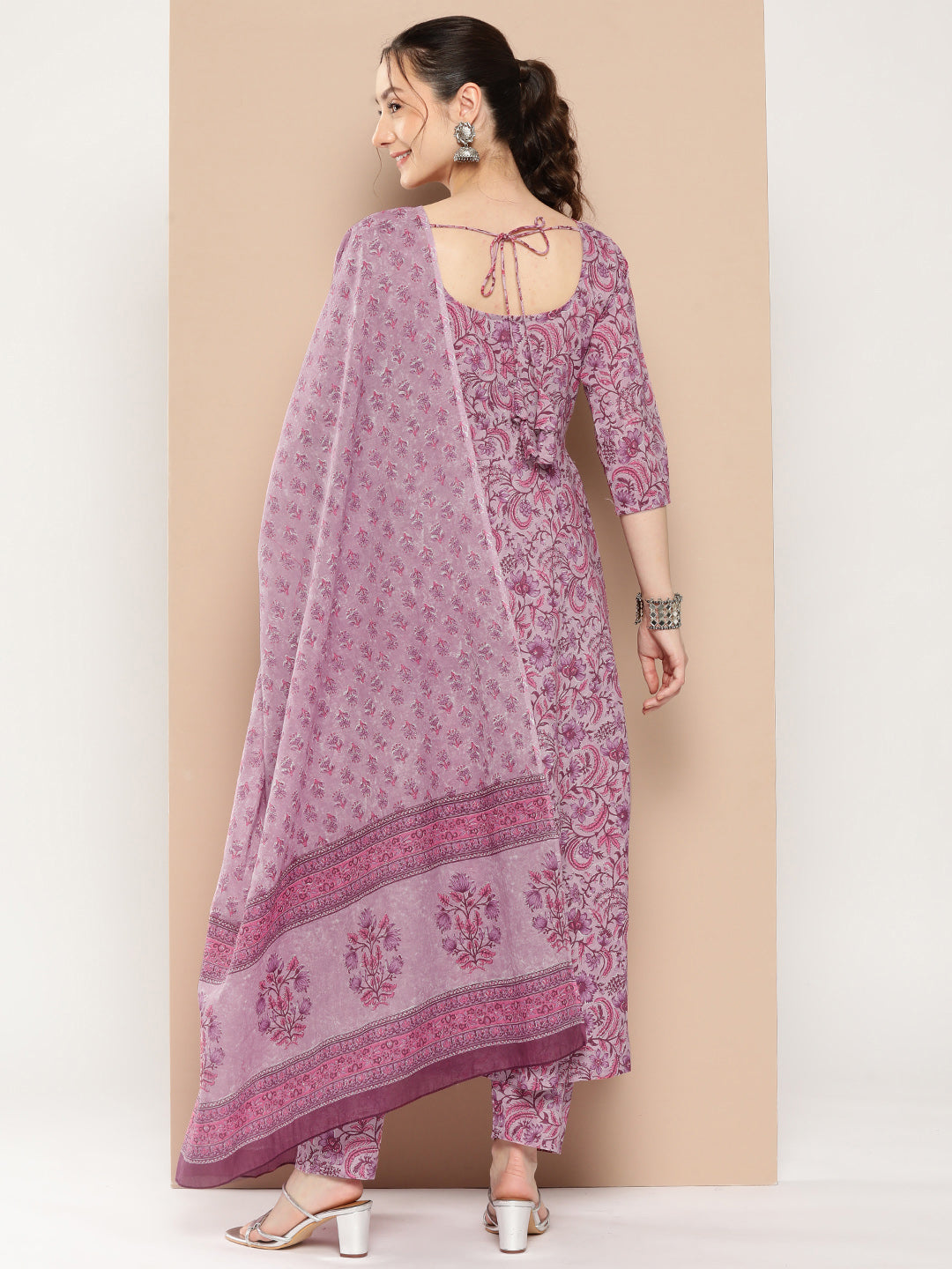 Women's Lavender Floral Printed Kurta With Trouser And Dupatta