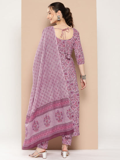 Women's Lavender Floral Printed Kurta With Trouser And Dupatta
