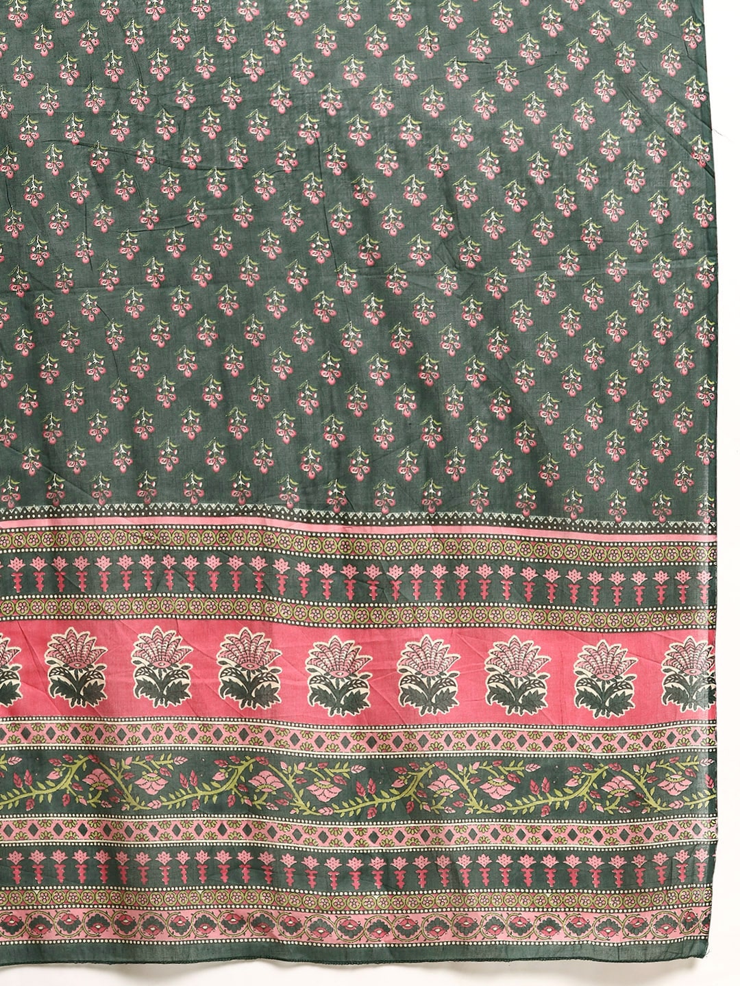 Women's Green & Pink Floral Anarkali Kurta With Trouser And Dupatta