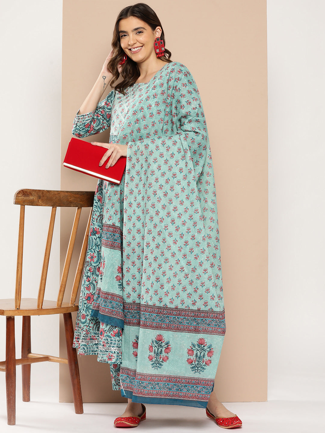 Women's Sea Green Printed Flared Kurta And Trouser With Dupatta