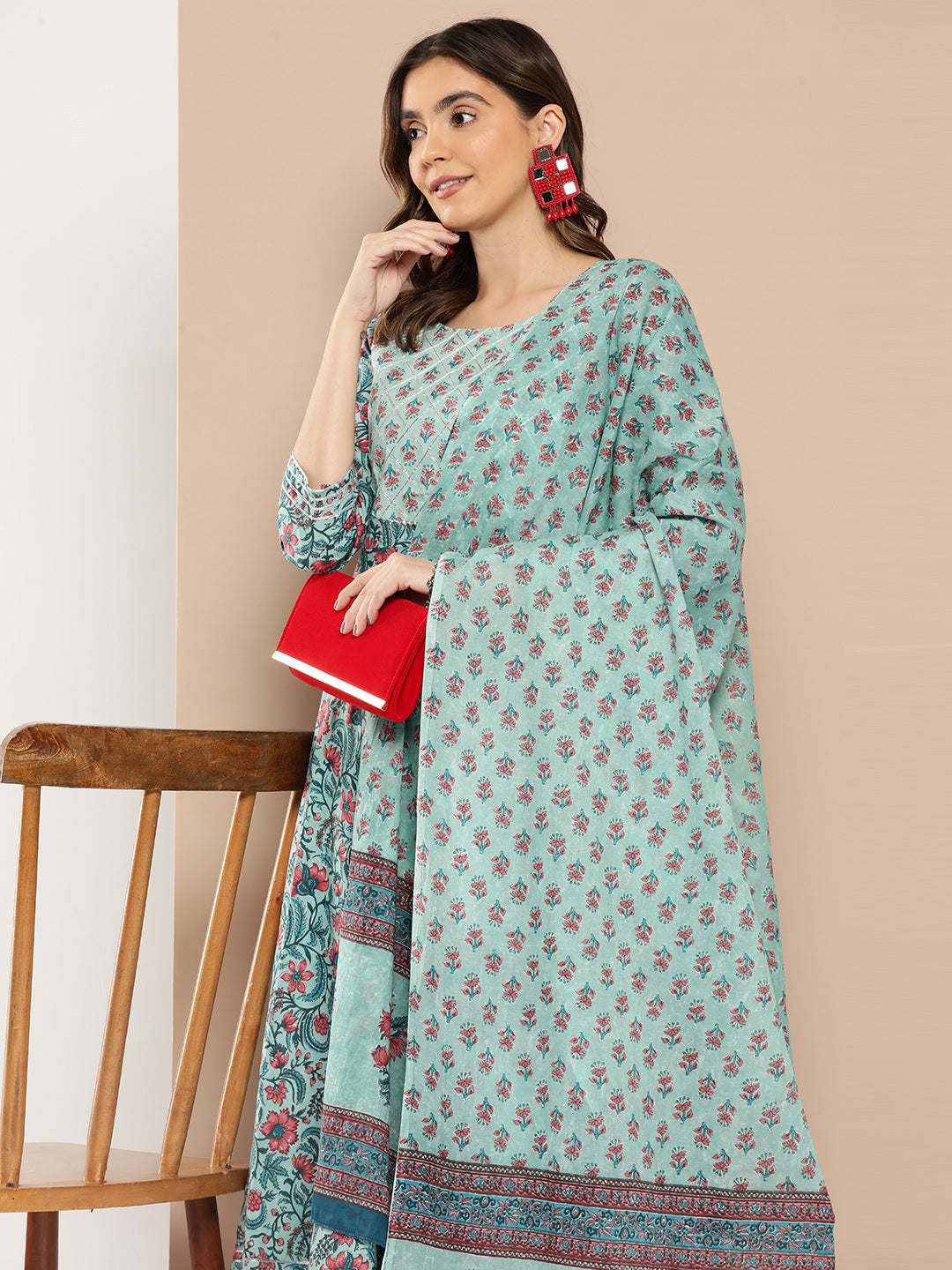 Women's Sea Green Printed Flared Kurta And Trouser With Dupatta