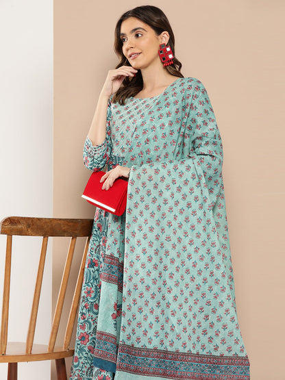 Women's Sea Green Printed Flared Kurta And Trouser With Dupatta