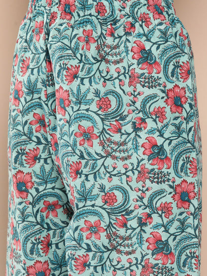 Women's Sea Green Printed Flared Kurta And Trouser With Dupatta