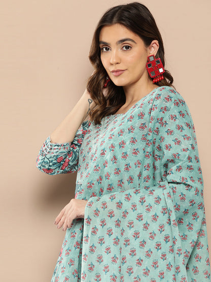 Women's Sea Green Printed Flared Kurta And Trouser With Dupatta