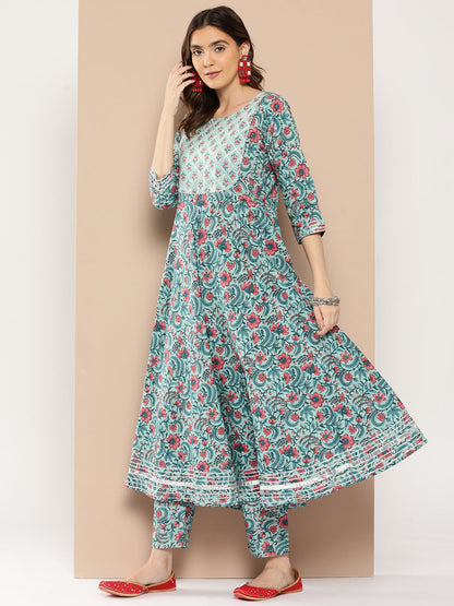 Women's Sea Green Printed Flared Kurta And Trouser With Dupatta