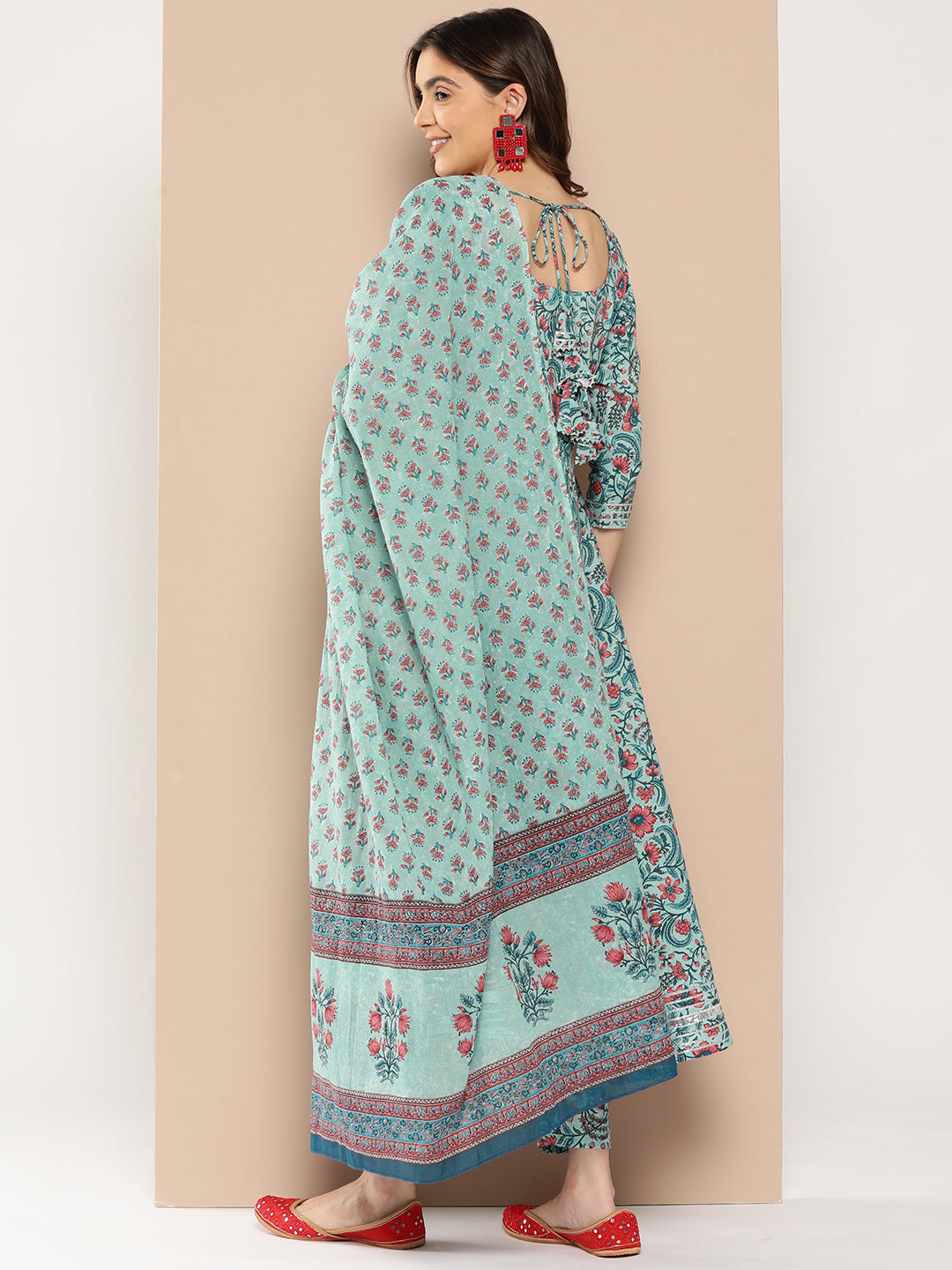 Women's Sea Green Printed Flared Kurta And Trouser With Dupatta