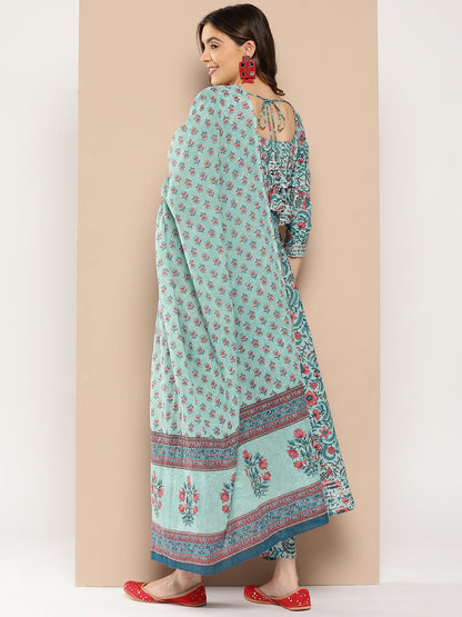 Women's Sea Green Printed Flared Kurta And Trouser With Dupatta